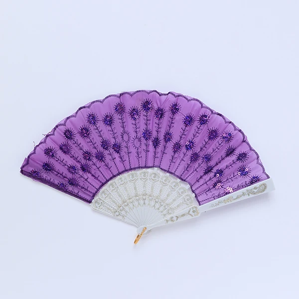 Vintage Silk White&Purple Hand Fan- Charm Flower Design and Plastic Folding for performing Props