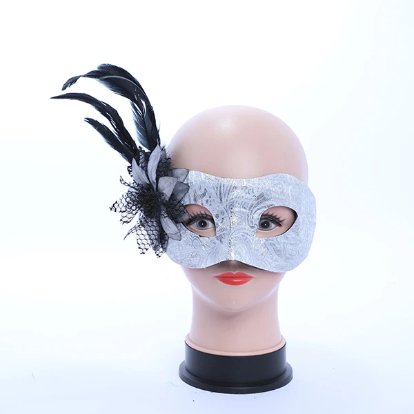 Designed Silver Leather Mask with side Feather and Rose