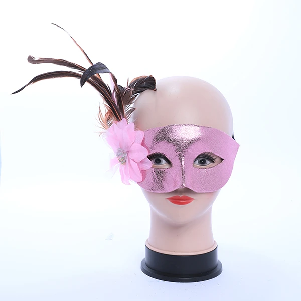 Shiny Pink Leather Mask with side Feather and Rose