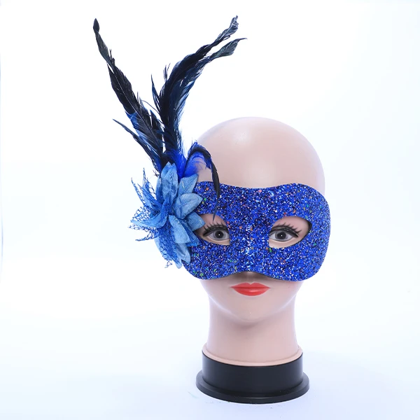 Hard Shiny Blue Gluittered Mask with side Feather and Rose