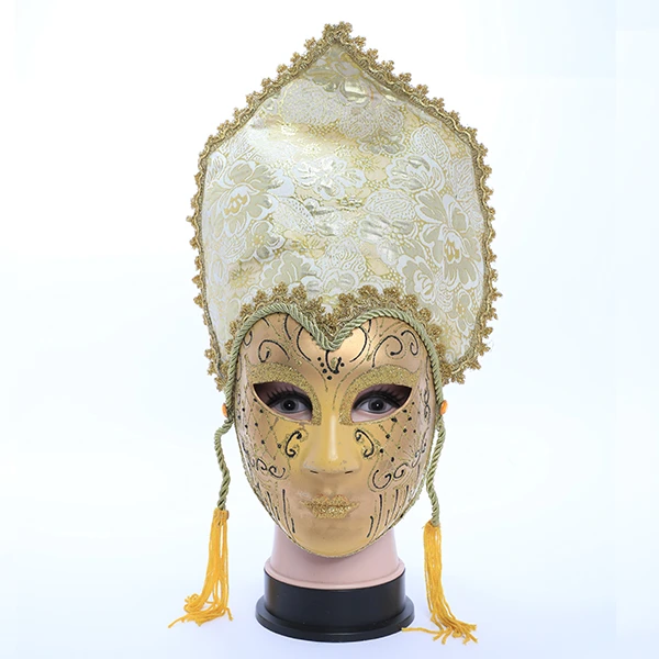 Full Face White & Gold Carnival Jester Masquerade Mask with Top