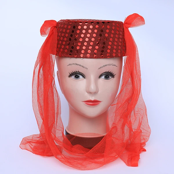 Red Paillette Sultana Style Hat with Red Tulle Scarf