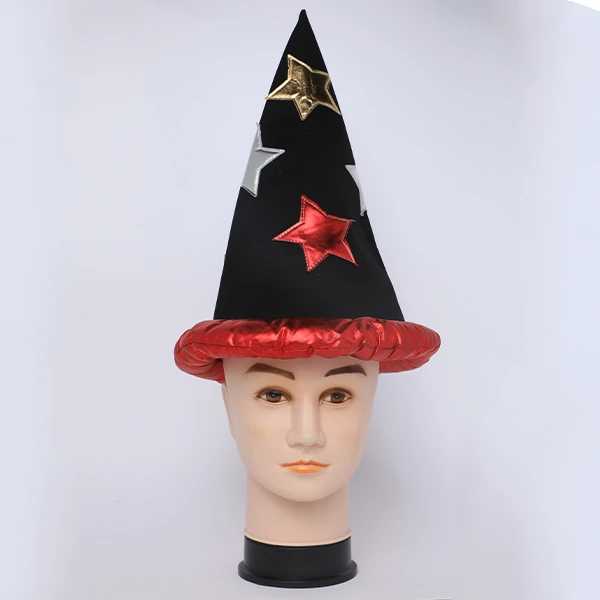 Foamy Teaxture Long Black Cone Hat with Red, Gold and Silver Stars