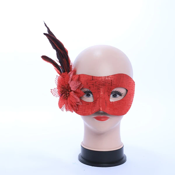 Shiny Red Designed Leather Mask with side Feather and Rose