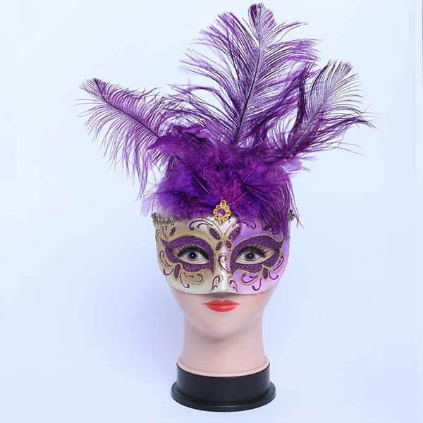 Purple & Gold Carnival Jester Masquerade Mask with Middle Long Feather