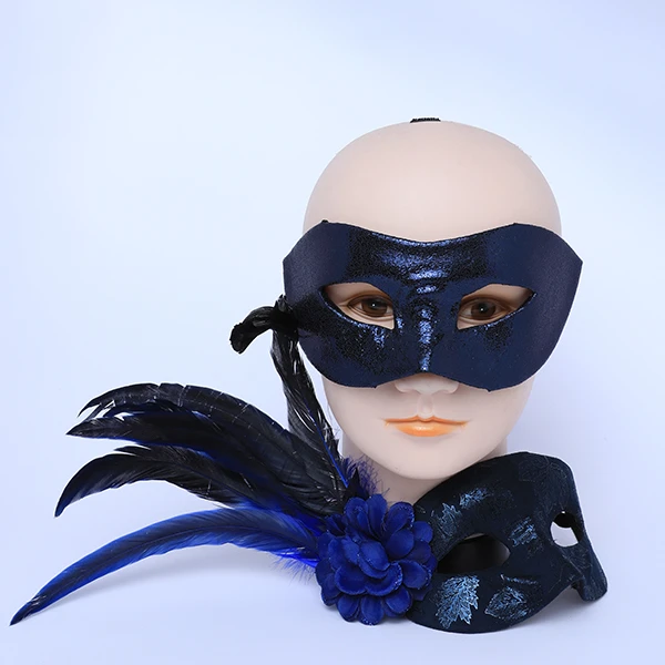 Couple Masks Set- 2 Shiny Dark Blue Leather Masks (Women Mask Designed with side Black Feather)