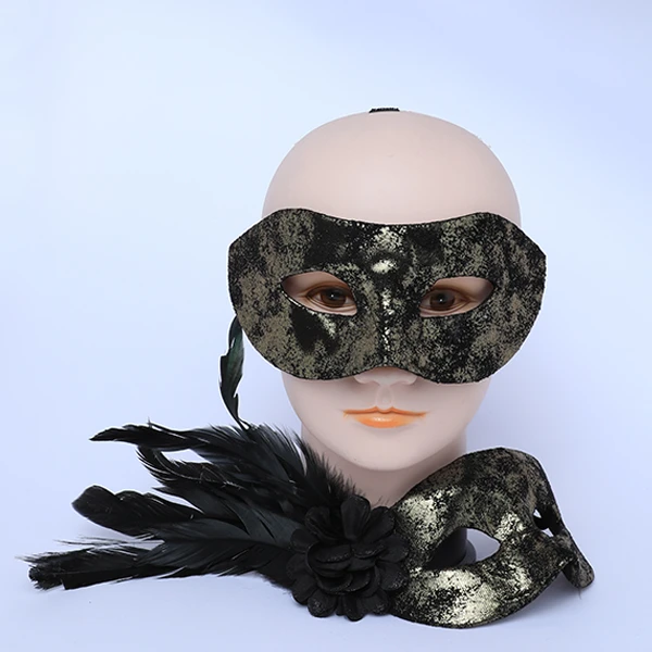 Couple Masks Set- 2 Shiny Gold&Black Velvet Masks (Women Mask Designed with side Black Feather)