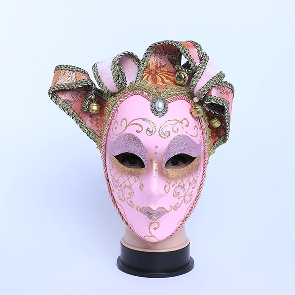 Full Face Pink Carnival Jester Masquerade Mask with top Design and neck