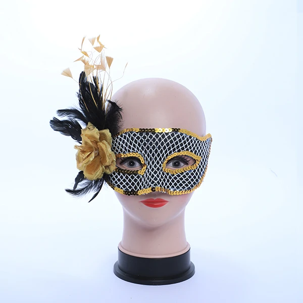 Black & Gold Mask with side Feather and Rose