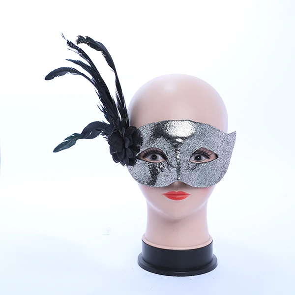 Shiny Silver Leather Mask with side Feather and Rose