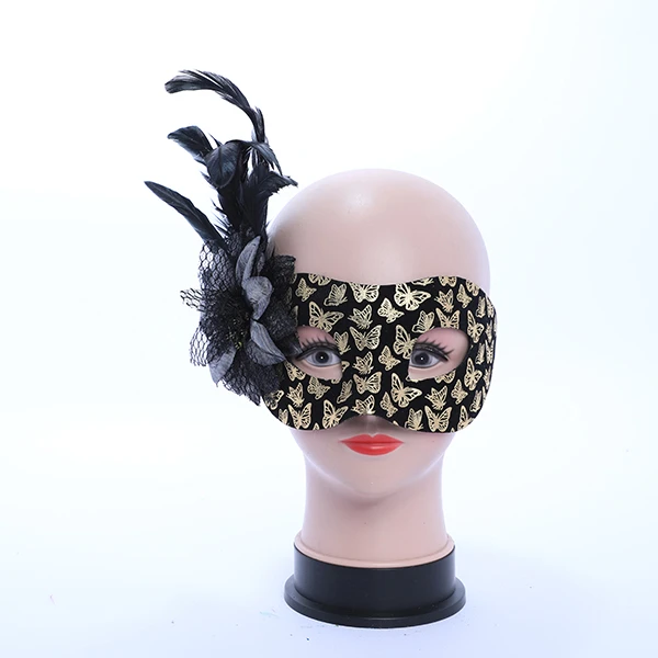 Black & Gold Butterfly Designed Velvet Mask with side Feather and Rose