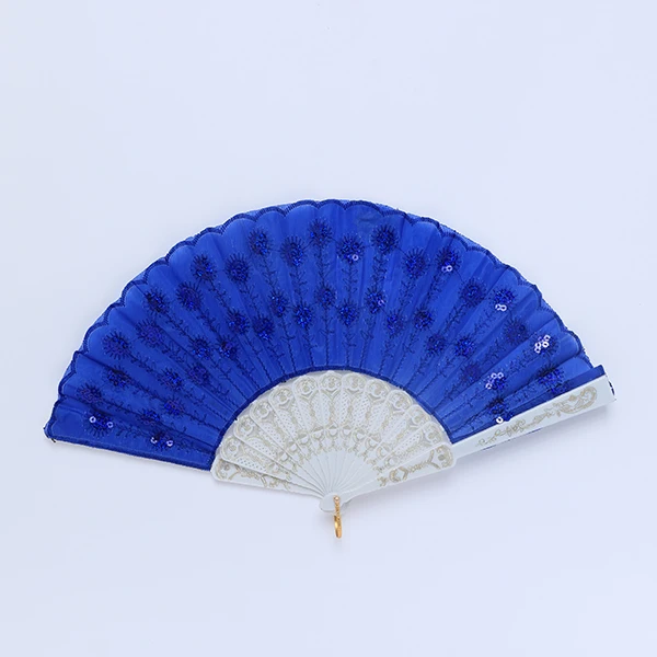 Vintage Silk White&Blue Hand Fan- Charm Flower Design and Plastic Folding for performing Props