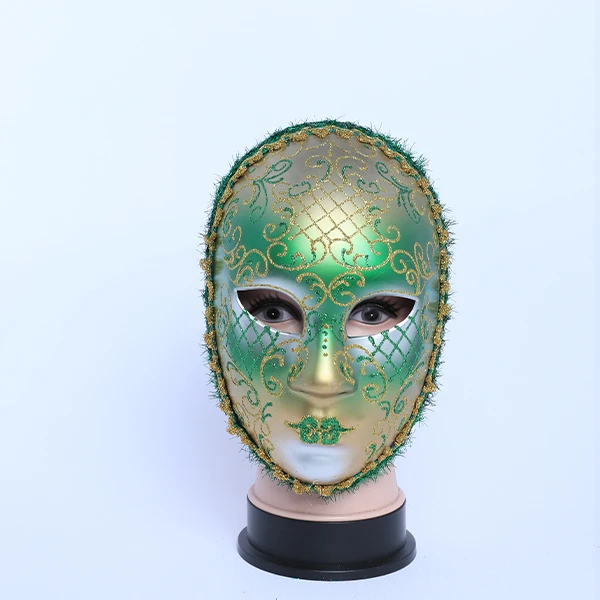 Full Face Designed Green & Gold Carnival Jester Masquerade Mask