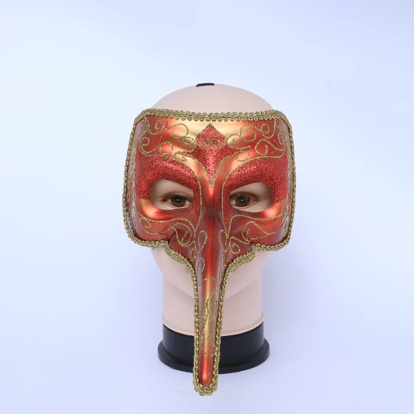 Half Face Red&Gold Jester Masquerade Mask with Long Nose