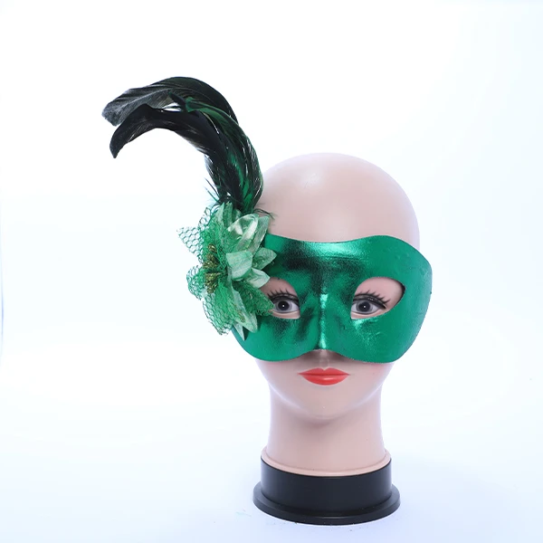 Shiny Green Leather Mask with side Feather and Rose