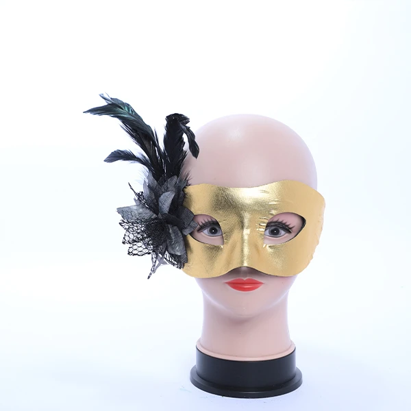 Shiny Gold Leather Mask with side Feather and Rose