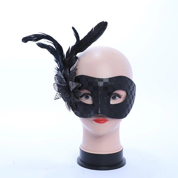 Black Square Designed Leather Mask with side Feather and Rose