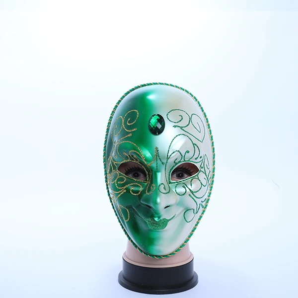 Full Face Green & Silver Carnival Jester Masquerade Mask