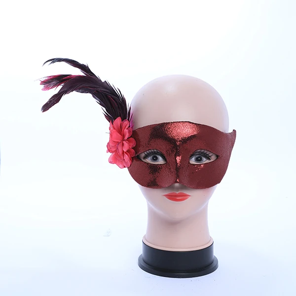 Shiny Red Leather Mask with side Feather and Rose