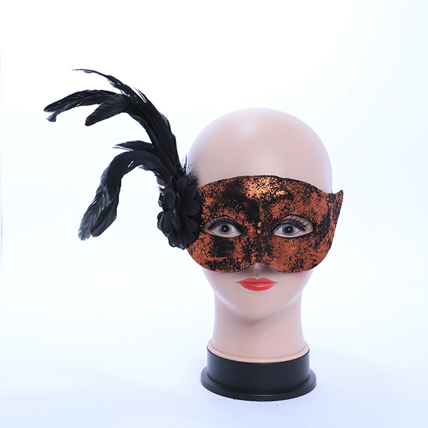 Shiny Red & Black Velvet Mask with side Feather and Rose