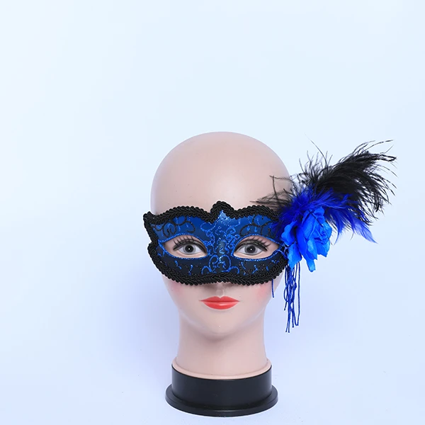 Dark Blue & Silver Carnival Jester Masquerade Mask with side Feather