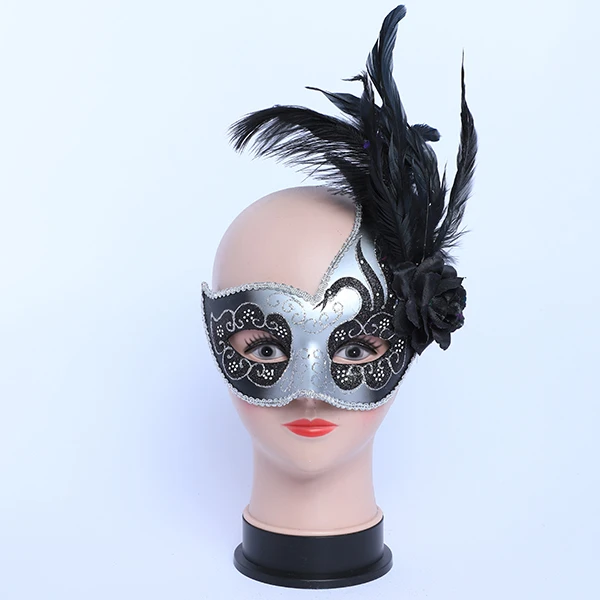 Silver & Black Carnival Jester Masquerade Mask with side Design and Feather