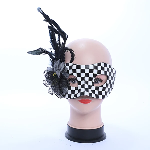 Black & White Square Designed Leather Mask with side Feather and Rose