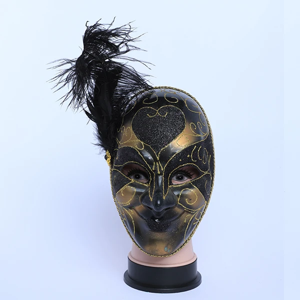 Full Face Gold & Black Carnival Jester Masquerade Mask with Side Feather