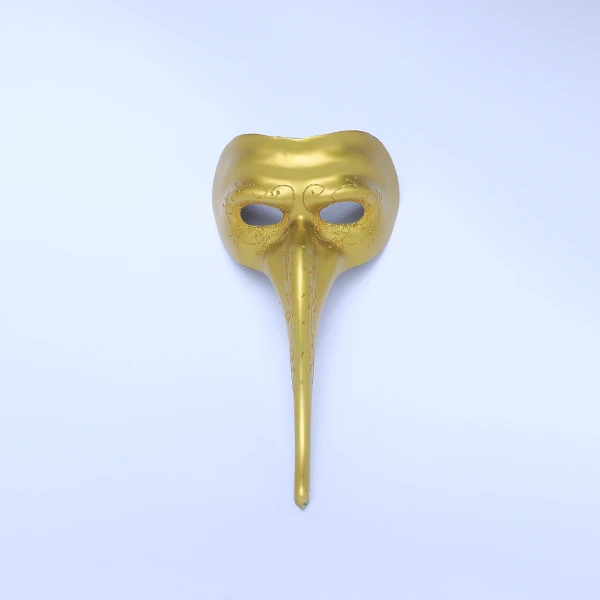 Half Face Shiny Gold Jester Masquerade Mask with Long Nose