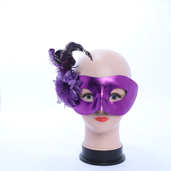 Shiny Purple Leather Mask with side Feather and Rose