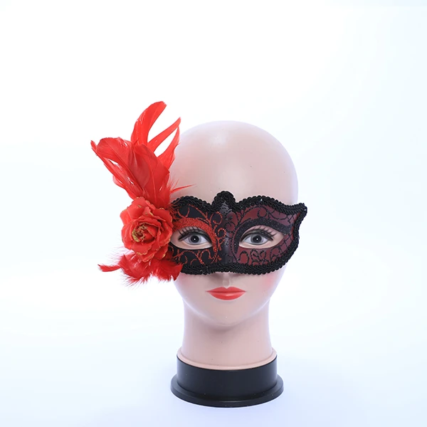 Black & Gluittered Red Masquerade Mask with Side Feather