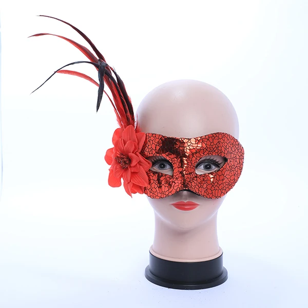 Shiny Red Designed Mask with side Feather and Rose