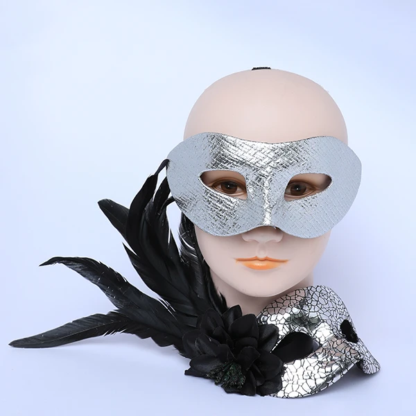 Couple Masks Set- 2 Shiny Silver Designed Leather Masks (Women Mask Designed with side Black Feather)