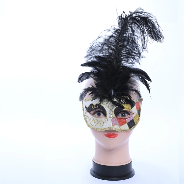 Venise Designed Masquerade Mask with Middle Black Feather