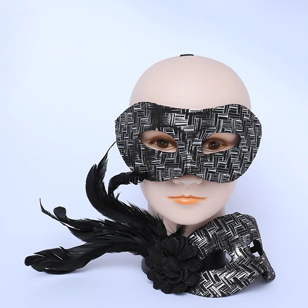 Couple Masks Set- 2 Black Velvet with Silver Design Masks (Women Mask Designed with side Black Feather)