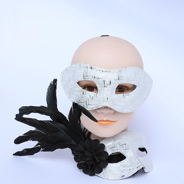 Couple Masks Set- 2 White Leather with Silver Design Masks (Women Mask Designed with side Black Feather)