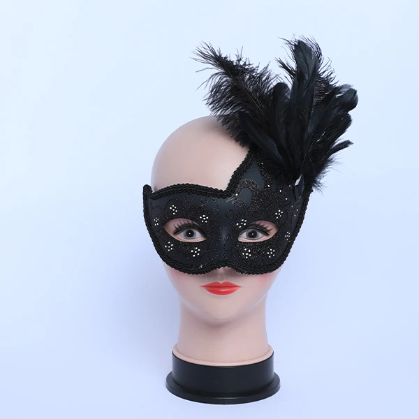 Black Carnival Jester Masquerade Mask Designed with side Feather