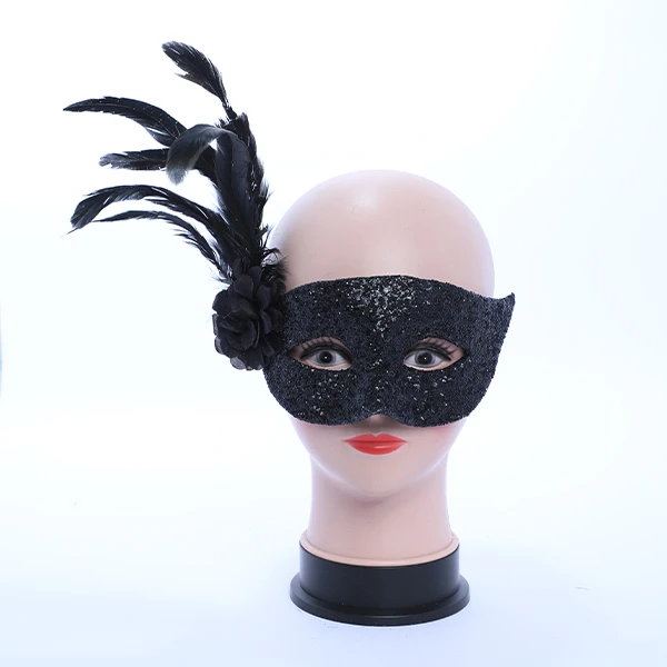 Thick Gluittered Black Mask with side Feather