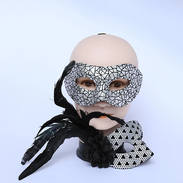 Couple Masks Set- 2 Shiny Silver&Black Designed Leather Masks (Women Mask Designed with side Black Feather)