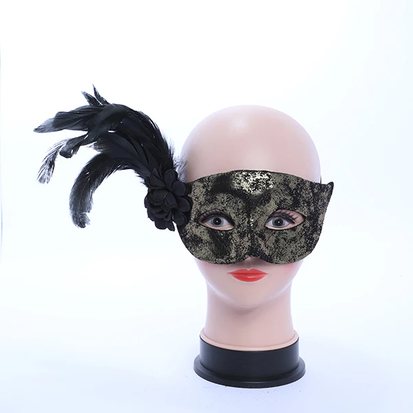 Shiny Green & Black Velvet Mask with side Feather and Rose