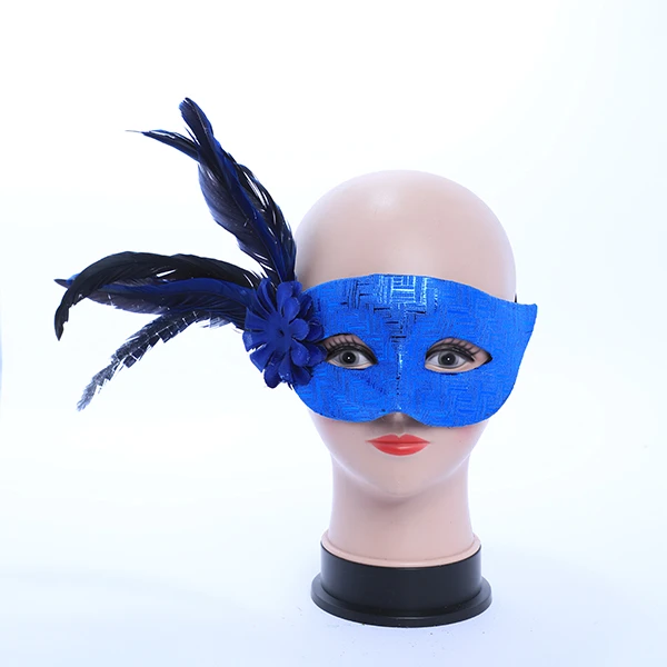 Shiny Blue Designed Leather Mask with side Feather and Rose