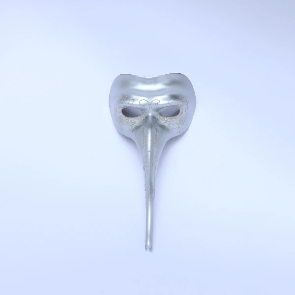 Half Face Shiny Silver Jester Masquerade Mask with Long Nose