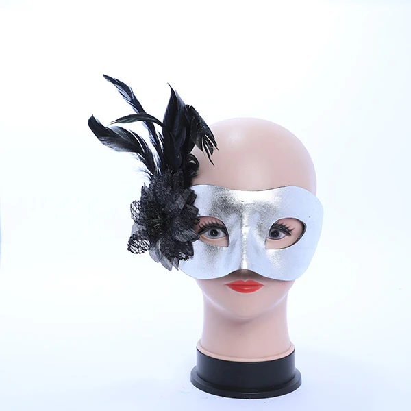 Shiny Silver Leather Mask with side Feather and Rose