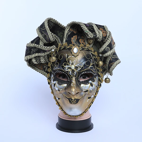 Full Face Gold & Black Carnival Jester Masquerade Mask with top Design