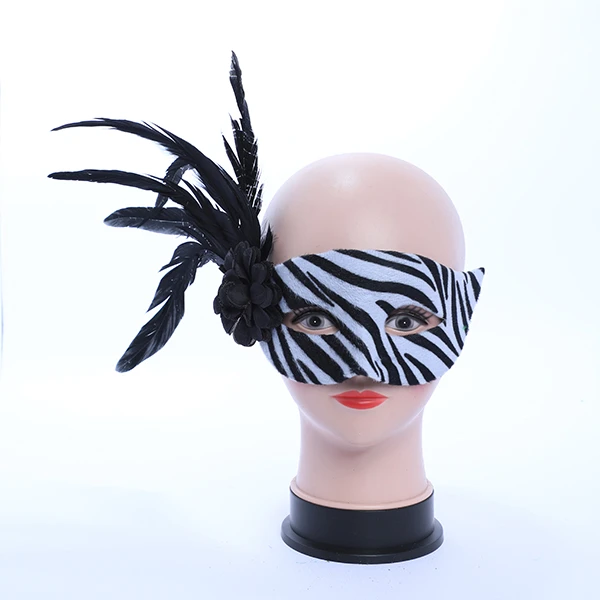 Zebra Black&White Mask with side Feather and Rose