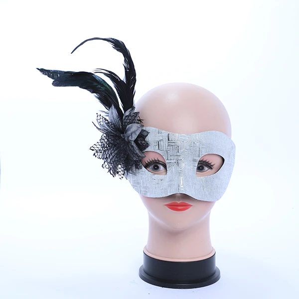 Shiny Silver Designed Leather Mask with side Feather and Rose