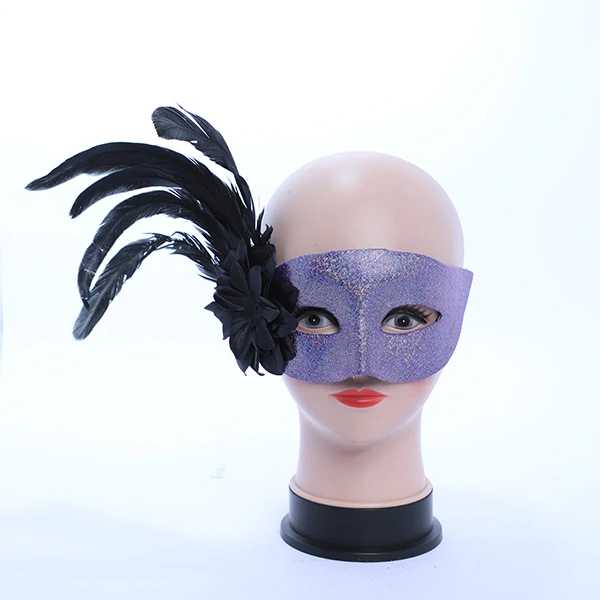 Shiny Purple Leather Mask with side Feather and Rose