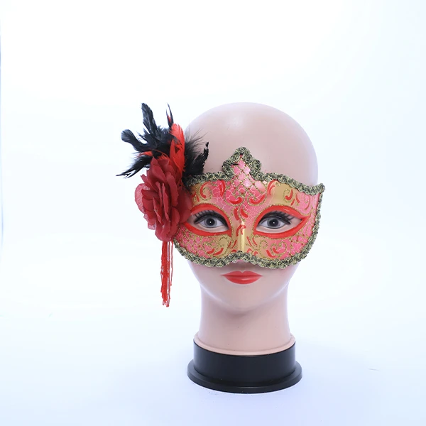 Red & Gold Shaped Masquerade Mask with Side Rose