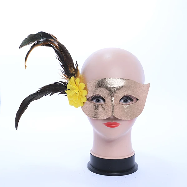 Shiny Gold Leather Mask with side Feather and Rose