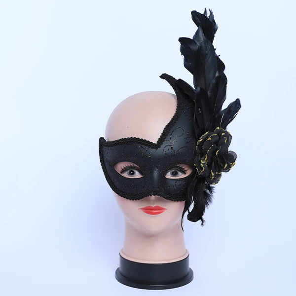 Matt Black Carnival Jester Masquerade Mask with side Feather